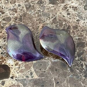 Vintage Purple and Green Enamel Gold Tone Metal Leaf Post Earrings